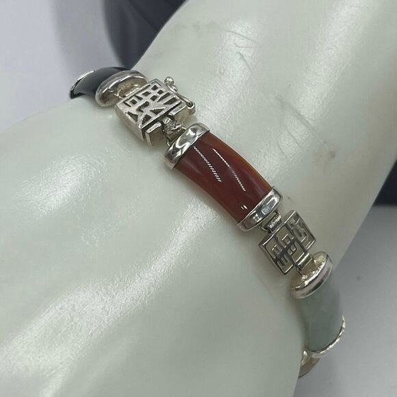 Vintage 1960's Signed Chinese Jadeite Sterling Panel Link Bracelet 7.5" Length - Picture 3 of 14